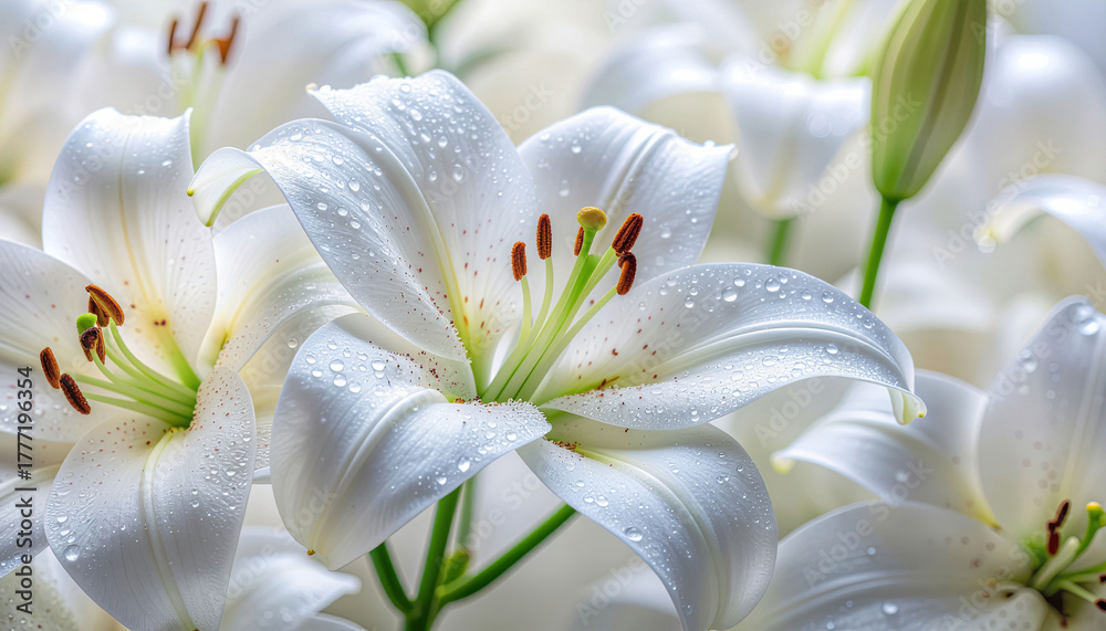 Obraz premium Elegant white lilies with water droplets, perfect for weddings, celebrations, and adding a touch of natural beauty to any design