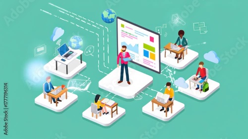 isometric online learning scene with teacher holding tablet and animated data on large screen surrounded by diverse students engaging with laptops and tablets connected by flowing data streams