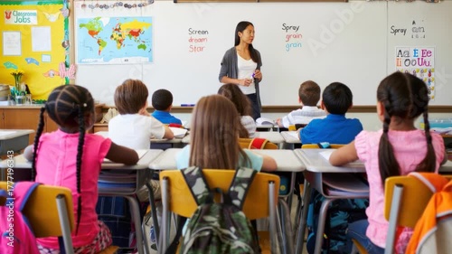 Teacher standing by whiteboard teaching English vocabulary to attentive elementary students seated at desks in a bright classroom with colorful decorations