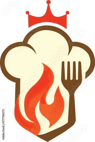 Creative chef hat logo with flame, fork, and crown elements symbolizing cooking, food mastery, and culinary branding in a modern vector design