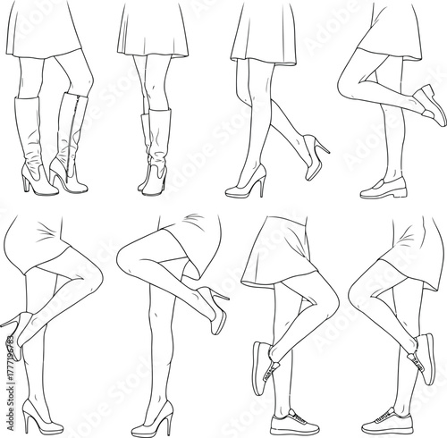 Fashionable footwear and legwear styles collection diverse poses elegant designs modern trends vector