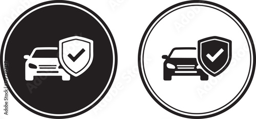 Car insurance icon in black and white, vehicle protection guarantee concept