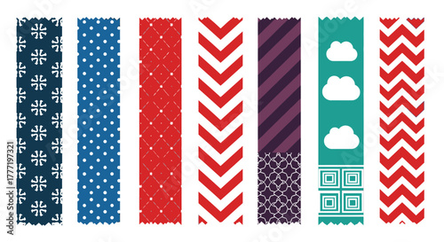 Colorful patterned washi tape strips for scrapbooking and crafts