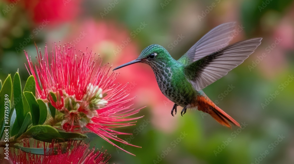 Obraz premium Bright green hummingbird hovers near striking pink flowers showcasing natures beauty in full bloom.