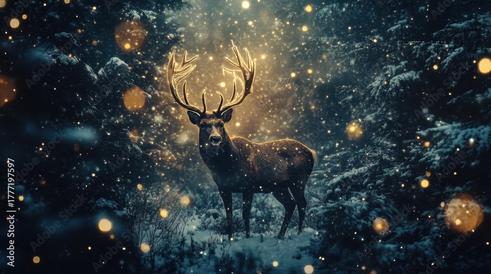 Fototapeta premium Majestic Stag Illuminated by Enchanting Lights in a Winter Wonderland of Sparkling Snow and Mystical Forest Shadows