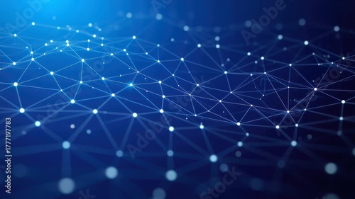 Abstract blue network of glowing nodes and interconnected lines slowly floating upward with gentle waves and subtle flickering lights