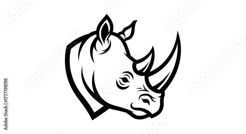 Black and white mascot illustration of a rhinoceros head in profile, depicting a strong and powerful wild animal.