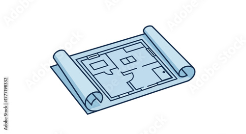 Illustration of a blueprint with a floor plan, rolled up on both ends, on a white background.