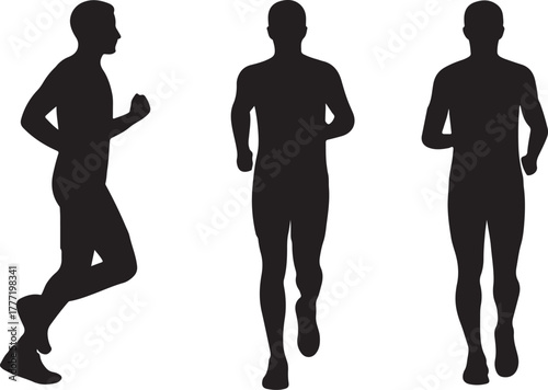 Man running and jogging silhouettes side, front, back poses vector illustration