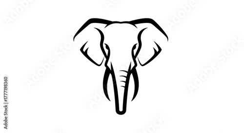 A stylized black and white illustration of an elephant's head facing forward.