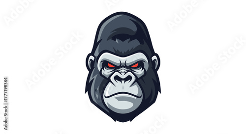 Detailed illustration of an angry gorilla head with intense red eyes, depicted in a stylized graphic art form, showcasing its powerful and fierce expression.