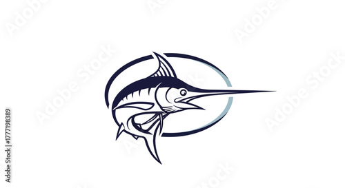 Stylized graphic illustration of a jumping marlin or swordfish, perfect for a logo or emblem, isolated on a white background.