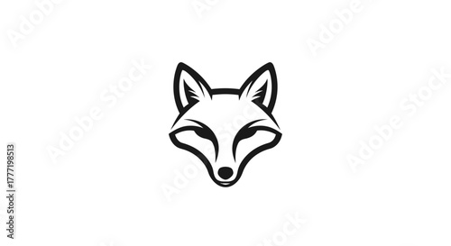 Minimalist black and white line art illustration of a fox's head, facing forward with sharp features.