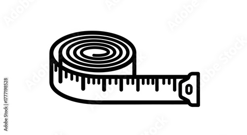 A simple black and white line art icon of a rolled measuring tape isolated on a white background.
