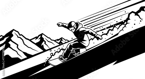 A dynamic black and white illustration of a snowboarder speeding down a snowy mountain slope, kicking up snow, with sharp mountain peaks in the background.