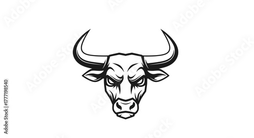 Monochrome drawing of a bull's head with large horns and an angry expression on a white background.
