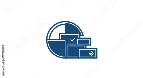 Abstract geometric illustration of stacked rectangles and a circular segment in blue.