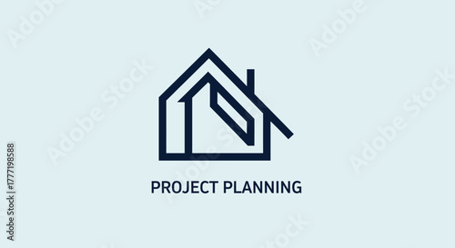 A minimalist line art logo featuring a house outline with an integrated abstract 'P' shape, accompanied by the text "PROJECT PLANNING".