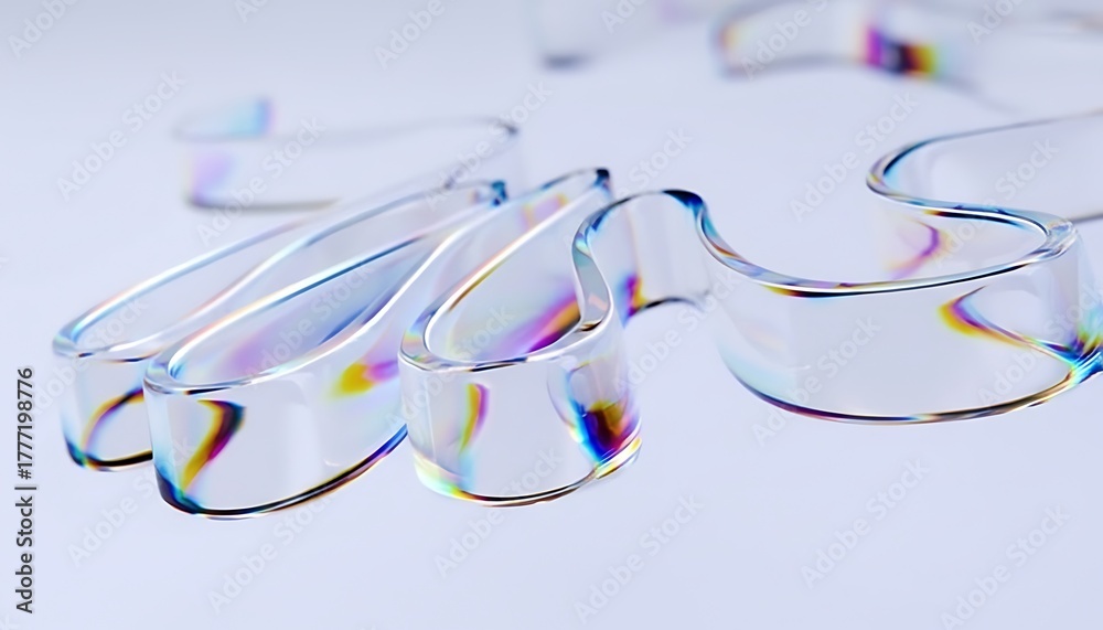 Fototapeta premium Abstract close up of iridescent translucent geometric shapes with rainbow light refractions on a soft white background
