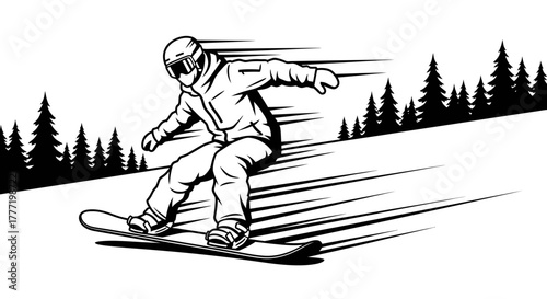 A snowboarder carves down a snowy slope, surrounded by evergreen trees, enjoying the winter sport.