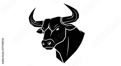Stylized black graphic of an angry bull's head with large horns on a white background.