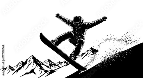 A dynamic black and white illustration of a snowboarder mid-air, performing a trick with snow spraying from the slope.