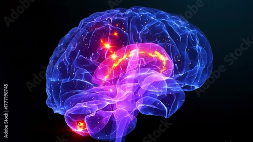 A transparent glowing blue and purple brain slowly rotating on a dark background with red and yellow illuminated neuron signals flowing and flickering like electrical currents