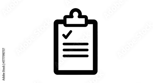 Black outline icon of a clipboard with a checklist and a prominent checkmark, symbolizing task completion or a survey.