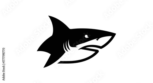 Illustration of a shark with its mouth open, side view, black and white.