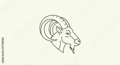 Line art illustration of a majestic ram or goat head with large curved horns, depicted in profile on a plain background.