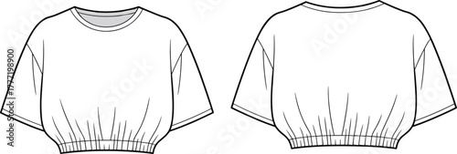 Cropped T-shirt technical sketch, front and back view, short sleeves, round neckline, elastic hem, fashion flat garment construction illustration