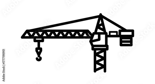 A black and white line drawing of a construction tower crane with a hook and counterweight.