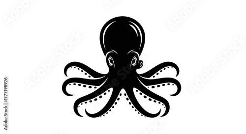 A black and white illustration of an octopus with large eyes and eight tentacles, showcasing its unique anatomy.