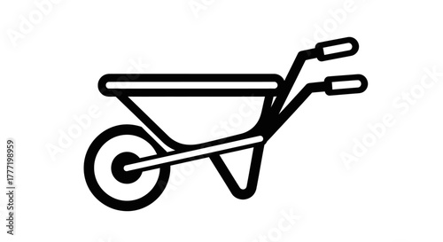 A simple black line art icon of a garden wheelbarrow shown in side profile on a white background.