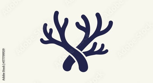 Minimalist graphic illustration of two intertwined dark blue coral branches on a plain background.