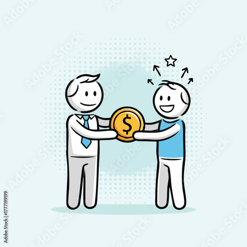 A cartoon illustration depicts a business transaction where one person gives a gold coin to another, symbolizing financial exchange and success.