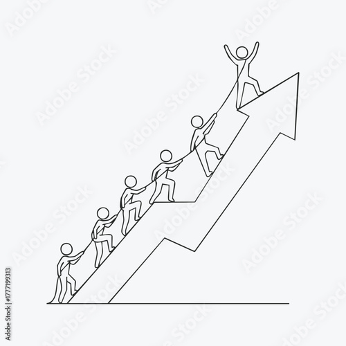 A team of stick figures collaboratively climbs a rising arrow, symbolizing growth, success, and teamwork on a white background.