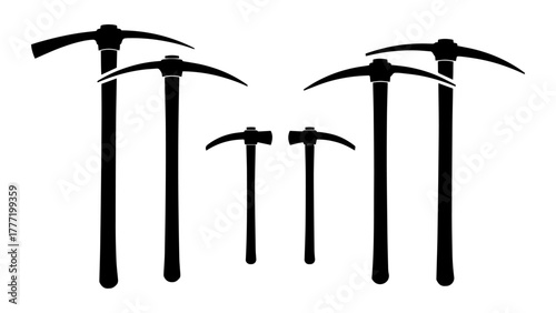 Black silhouettes of pickaxes stand against a stark white