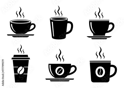 set of six black coffee cup icons are displayed against