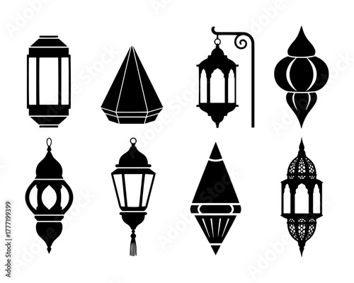 Flat illustration icon of a collection of eight unique black