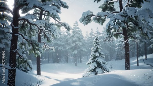 Snow-covered trees in winter forest with soft light and tranquility  
