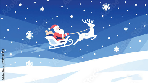 Santa With Reindeer Flying Winter Illustrator Artwork Banner Background Design Template 