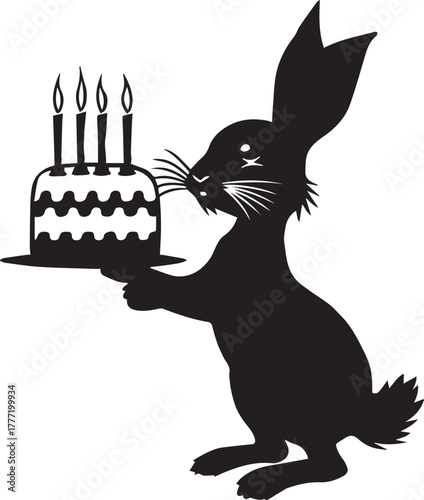 black rabit with cake vector silhouette on white background