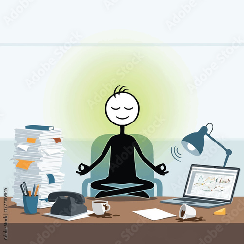 A cartoon person meditates at their messy office desk, finding inner peace amidst the chaos of work and stress.
