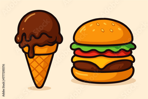  ice cream and  cheeseburger with tomato