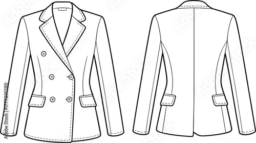 Double breasted blazer technical sketch, front and back view, notched lapel collar, flap pockets, tailored seams, fashion flat garment illustration