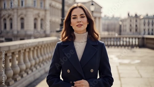 Young woman smiling in a stylish coat on urban street background  