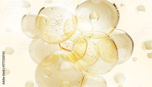 3d jojoba or almond oil drops, yellow liquid bubbles of vitamin essence, collagen gel, retinol serum, honey or keratin shampoo. Cosmetic skin care spheres floating on light background. 3D illustration