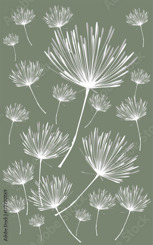 Flying group of dandelions Hit by the windon a green background