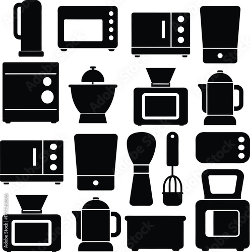Collection of diverse household kitchen appliances presented as elegant black silhouette vector graphics for modern design projects